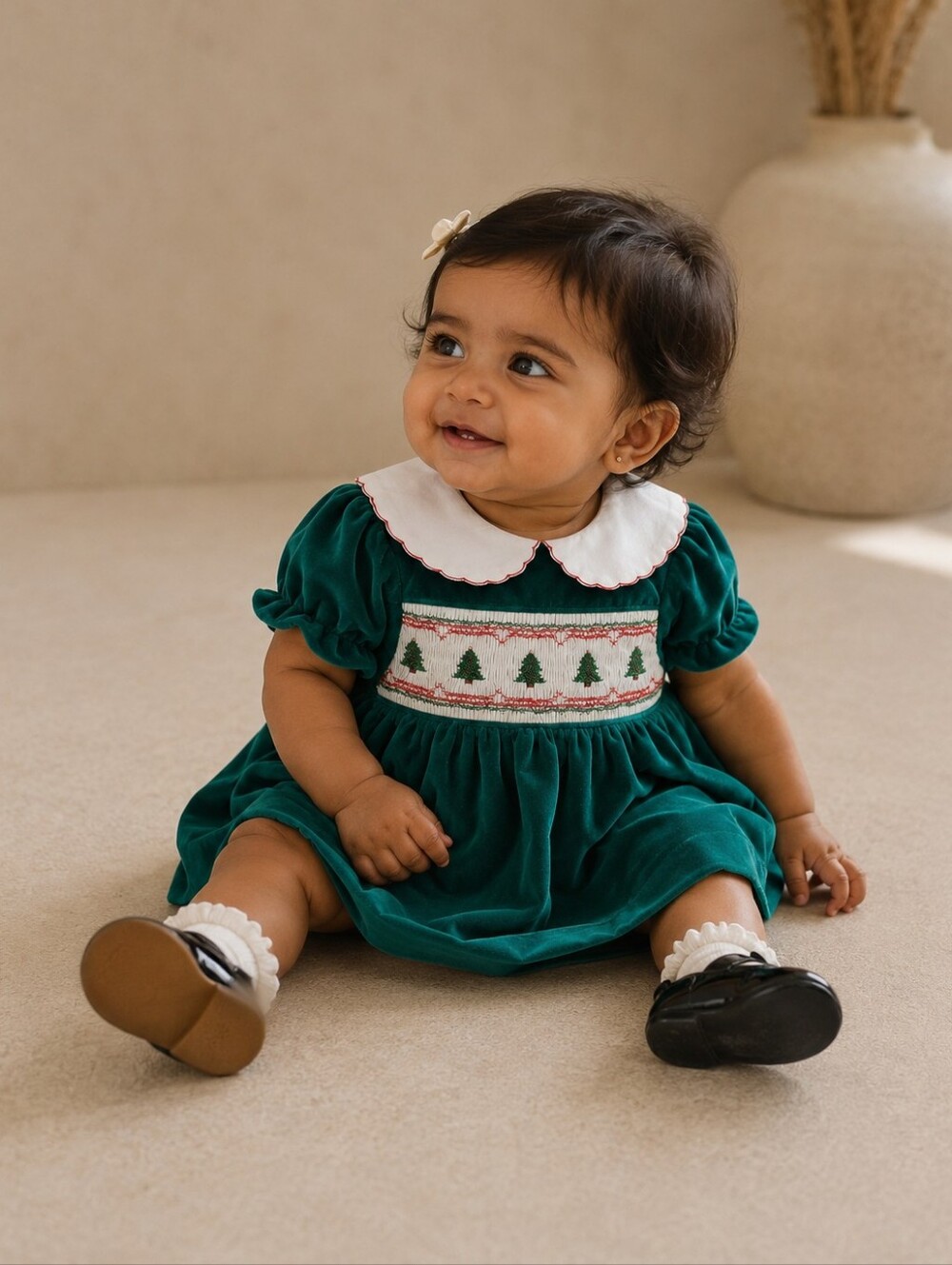 Vintage Polly Flinders Green Velvet Smocked Christmas Tree Dress Size 12M